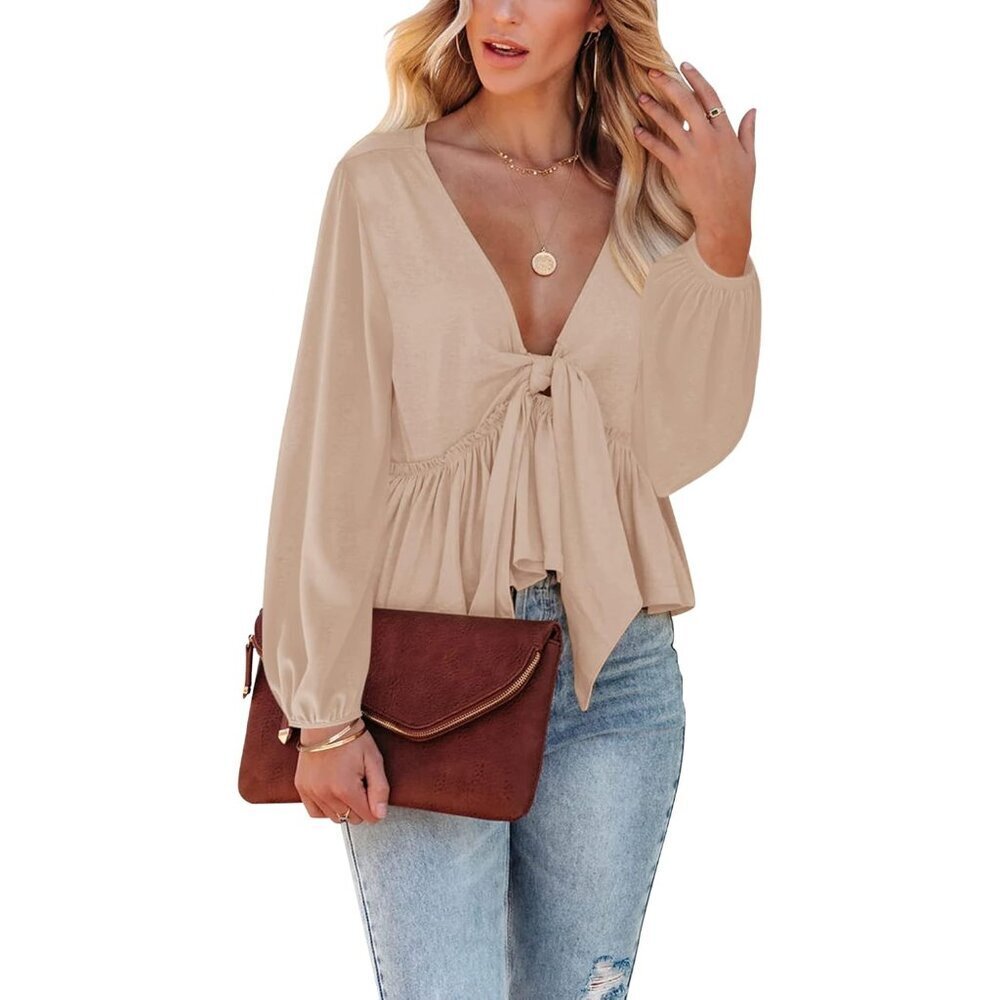 Women's Long Sleeve V Neck Blouse Knit Medium Casual Crop Top